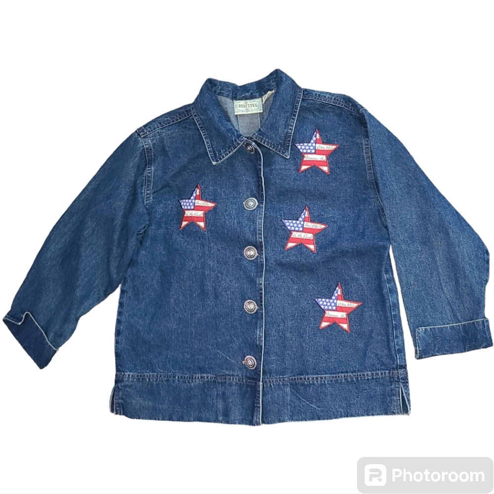 Vtg ROSETTES Americana‎ Stars Embroidered blue cotton jacket Stars & Stripes